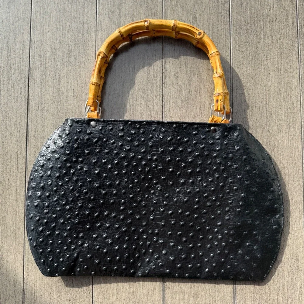 Dukes Designs Black Ostrich Embossed Bamboo Handle Handbag Asian Lantern Print